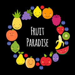 Fototapeta premium Cute Fruit Paradise frame background with various fruit characters