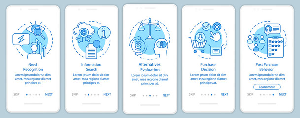 Buying decision process blue onboarding mobile app page screen vector template. Purchasing items walkthrough website steps with linear illustrations. UX, UI, GUI smartphone interface concept