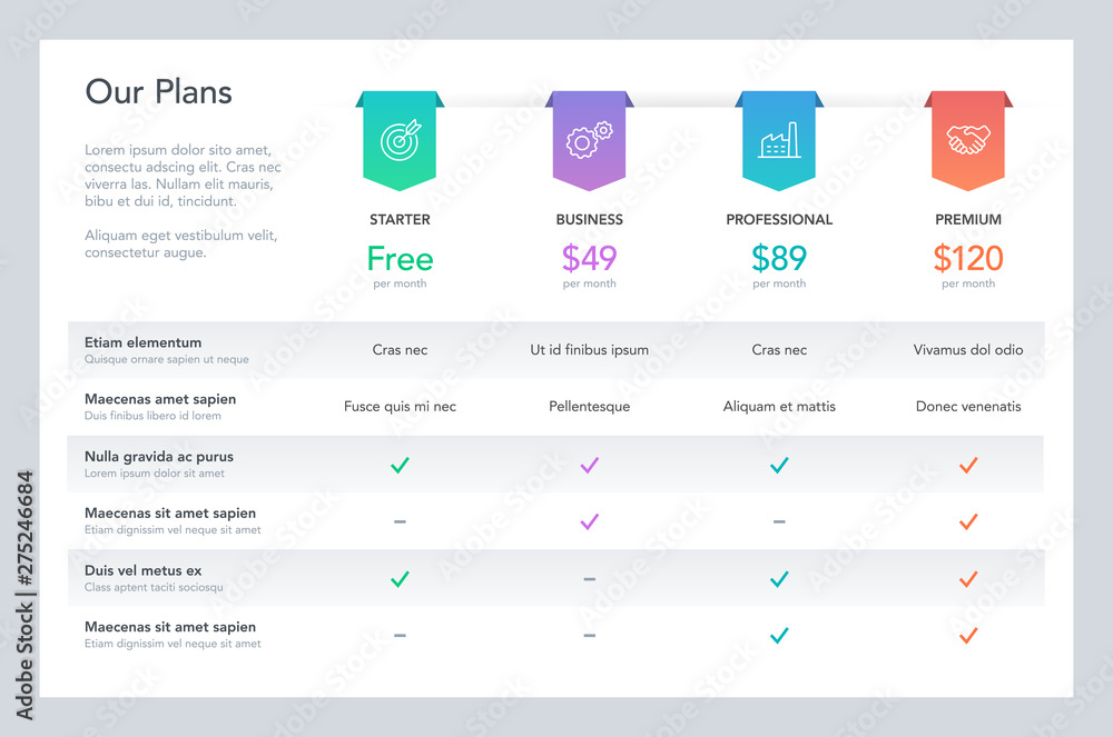 Poster Modern pricing comparison table with four subscription plans and place for description. Flat infographic design template for website or presentation.