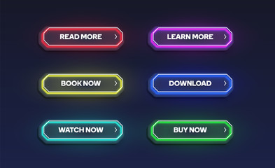 Colorful shining neon button set, vector illustration