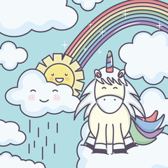 cute adorable unicorn with clouds rainy and rainbow