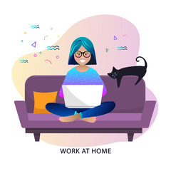 Freelance concept. Happy freelamcer girl working on laptop at home. Stylish vector flat illustration.