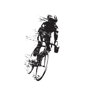 Cycling, road cyclist rides bike, front view isolated vector silhouette