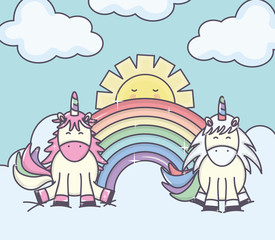 Obraz premium cute adorable unicorns with clouds sunny and rainbow