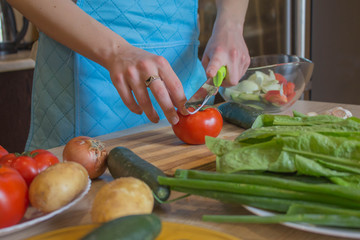 Young Woman Cooking in the kitchen. Healthy Food. Cropped image of young girl cutting vegetables for Food