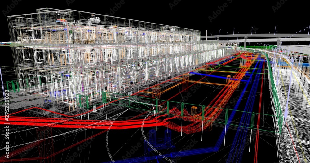 Poster the bim model of the of civil infrastructure object of wireframe view