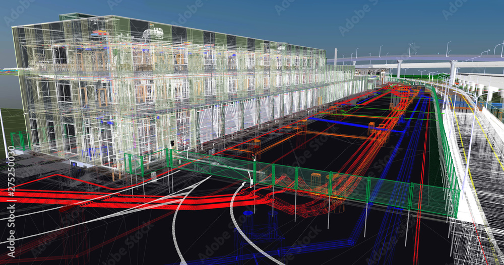Poster the bim model of the of civil infrastructure object of wireframe view