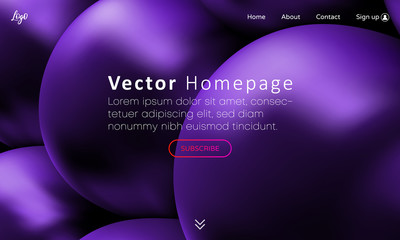 Web homepage template with purple abstract 3d balls pattern.