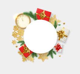 Christmas and New Year card with round frame, clock, gold snowflakes and colorful top view gifts.