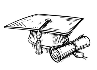 Graduation Cap And Diploma in sketch style