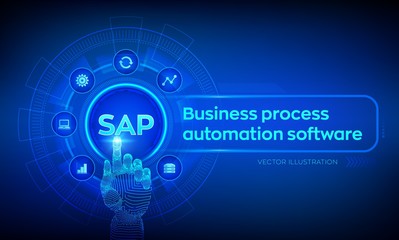 SAP Business process automation software. ERP enterprise resources planning system concept on virtual screen. Robotic hand touching digital interface. AI. Artificial intelligence. Vector illustration.