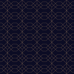 Ornamental seamless blue background. Grid geometric repeatable golden pattern - elegant repetitive design.