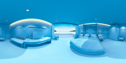 3d rendering bedroom interior with sea view background,minimal blue bedroom concept,Spherical Panorama interior