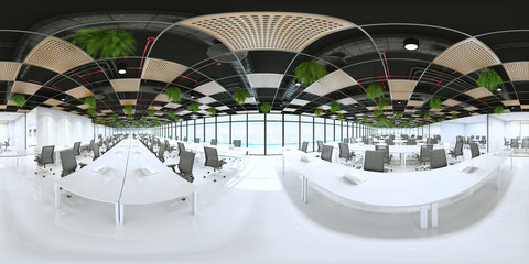 Workplaces in a modern panoramic office,Panorama of office with sea view outdoor,Full 360 spherical panorama view of office (3D Rendering)