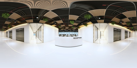 reception in a modern panoramic office,Panorama of reception in office interior,Full 360 spherical panorama view of reception.reception interior with white space (3D Rendering)