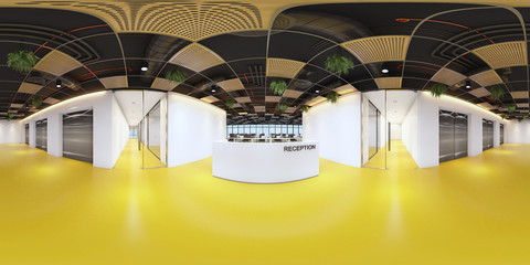 reception in a modern panoramic office,Panorama of reception in office interior,Full 360 spherical panorama view of reception.reception interior with white space (3D Rendering)