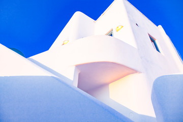 traditional white houses in Pyrgos village, the hidden gem of Santorini, Cyclades islands Greece - amazing travel destination