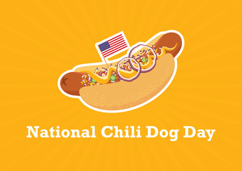 Fototapeta na wymiar National Chili Dog Day vector. Chili Dog with garnish vector. Hot Dog with mustard and onion icon. American hotdog sandwich vector. Chili Dog with american flag. National Chili Dog Day Poster