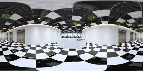 reception in a modern panoramic office,Panorama of reception in office interior,Full 360 spherical panorama view of reception.reception interior with white space (3D Rendering)
