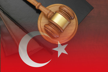Judge gavel and legal books on wooden table, collage with flag of Turkey