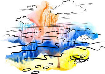 sunset on the beach watercolor background and graphics