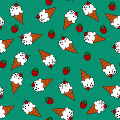 Ice cream cone and red strawberry on blue background seamless pattern for wrapping