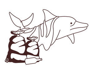 sad dolphin with garbage bags in black and white
