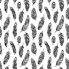 Seamless pattern feather boho. Drawing ethnic style.