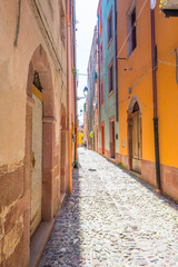 Obraz premium Colorful houses in the alleys of the town of Bosa in Sardinia in sunlight in spring