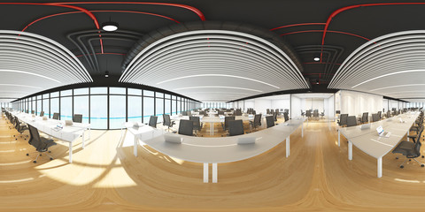 Workplaces in a modern panoramic office,Panorama of office with sea view outdoor,Full 360 spherical panorama view of office (3D Rendering)