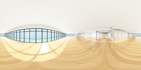Workplaces in a modern panoramic office,Panorama of office with sea view outdoor,Full 360 spherical panorama view of office (3D Rendering).white room interior
