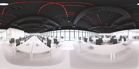 Workplaces in a modern panoramic office,Panorama of office with sea view outdoor,Full 360 spherical panorama view of office (3D Rendering)