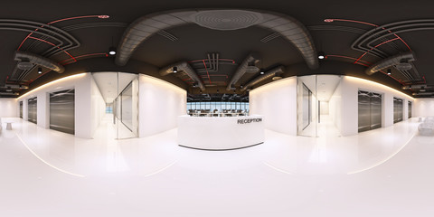 reception in a modern panoramic office,Panorama of reception in office interior,Full 360 spherical panorama view of reception.reception interior with white space (3D Rendering)