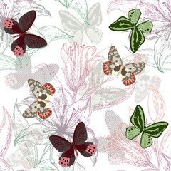 Beautiful seamless pattern with flowers Lily and butterflies. Vector illustration. EPS 10.