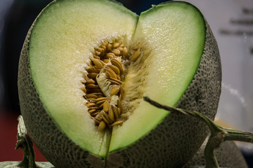 Fresh Fruit Green Melon cutting Show on Shelf in Fresh Fruit market Thailand Travel Background Concept