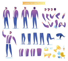 Male clerk character creation set. Full length, different views, emotions, gestures, isolated against white background. Build your own design. Cartoon flat-style infographic illustration