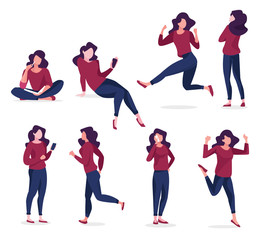 Set of a woman in casual clothes in different poses. A character for your project. Vector...