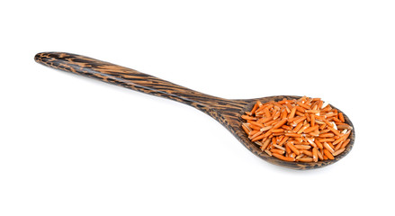 brown rice seed in wood spoon isolated on white background