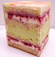 The cut of the cake. Raspberry cheesecake