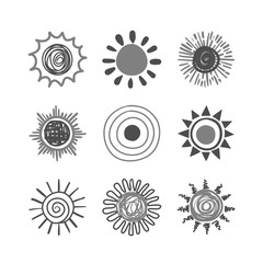suns hand drawn doodle icon set. black and white
