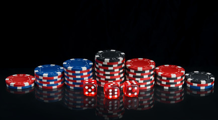 on a black background with reflection, pyramids of multi-colored poker chips arranged in a row and red dice