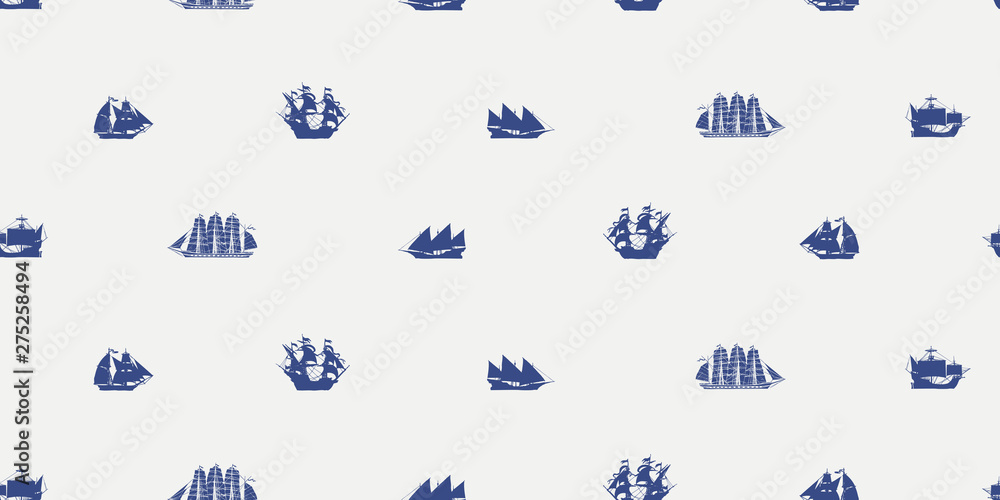 Poster vector seamless pattern on the theme of sea travel with various sailing ships. blue elements of mari