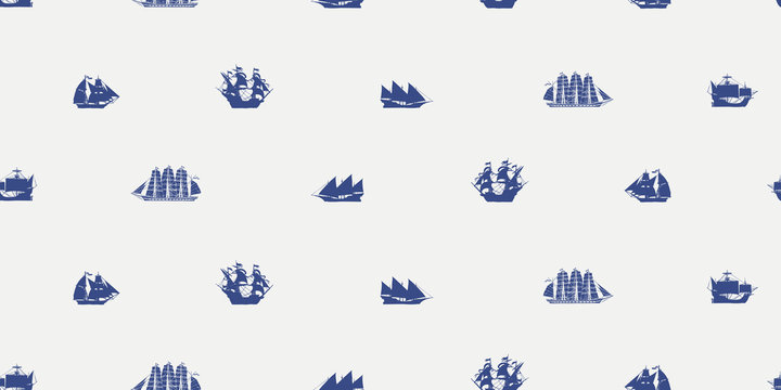 Vector seamless pattern on the theme of sea travel with various sailing ships. Blue elements of marine design on light background in retro style