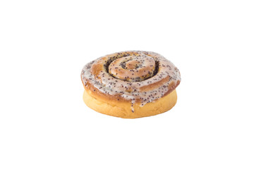 isolated on white background baked round cinnamon cake with white cream and poppy seeds close-up