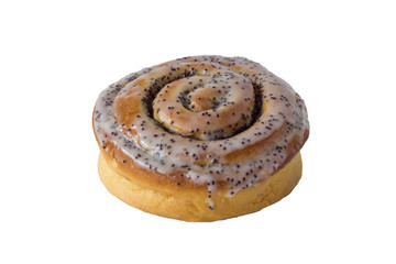 isolated on white background round cinnamon bun with white cream and poppy seeds close-up