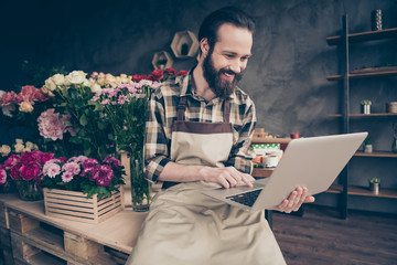 Portrait of his he nice attractive content cheerful cheery positive guy enjoying life lifestyle...