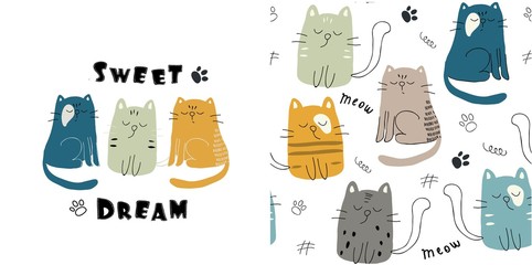 set of cute cat print and seamless pattern with cats. vector - obrazy, fototapety, plakaty