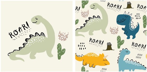 set of cute dinosaur print and seamless pattern with dinosaurs. vector illustration