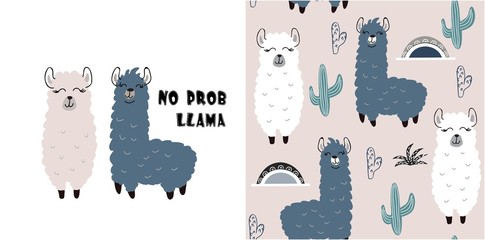 set of cute llama print and seamless pattern with llamas. vector - obrazy, fototapety, plakaty