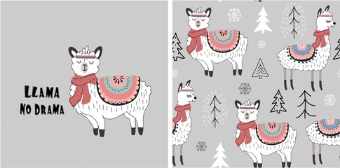 set of cute llama print and seamless pattern with llamas. vector